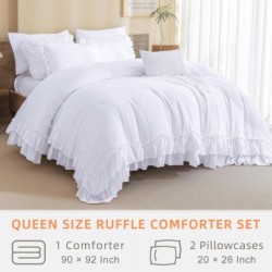 QSH White Ruffled Comforter Set Queen Size Farmhouse Shabby Boho Chic White Bedding Set Queen Size Lightweight Fluffy Microfiber Bed Comforter Set 3 Pieces