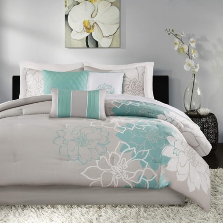 Madison Park Lola Sateen Cotton Comforter Set-Casual Medallion Floral Design All Season Down Alternative Bedding, Shams, Bedskirt, Decorative Pillows, Queen, Grey/Aqua 7 Piece