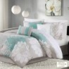 Madison Park Lola Sateen Cotton Comforter Set-Casual Medallion Floral Design All Season Down Alternative Bedding, Shams, Bedskirt, Decorative Pillows, Queen, Grey/Aqua 7 Piece