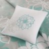 Madison Park Lola Sateen Cotton Comforter Set-Casual Medallion Floral Design All Season Down Alternative Bedding, Shams, Bedskirt, Decorative Pillows, Queen, Grey/Aqua 7 Piece