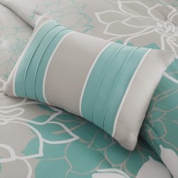 Madison Park Lola Sateen Cotton Comforter Set-Casual Medallion Floral Design All Season Down Alternative Bedding, Shams, Bedskirt, Decorative Pillows, Queen, Grey/Aqua 7 Piece