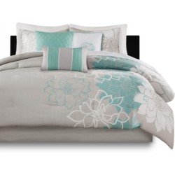 Madison Park Lola Sateen Cotton Comforter Set-Casual Medallion Floral Design All Season Down Alternative Bedding, Shams, Bedskirt, Decorative Pillows, Queen, Grey/Aqua 7 Piece