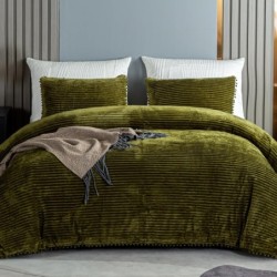 Boho 3pc Reversible Velvet Pom Pom Fringe Comforter Set - Modern, Cozy Bedding in Olive Green