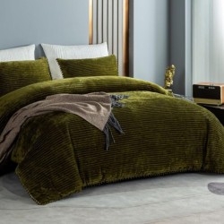 Boho 3pc Reversible Velvet Pom Pom Fringe Comforter Set - Modern, Cozy Bedding in Olive Green