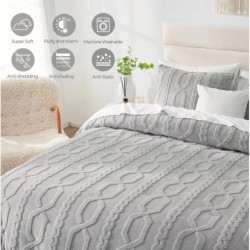 Cozy Bliss Fluffy Twin Size Comforter Set Light Grey, Jacquard Boho Texture Sherpa Bed Set, Ultra Soft Thick Bedding Set for Winter, 2 Pieces, 1 Fuzzy Comforter & 1 Pillow Shams