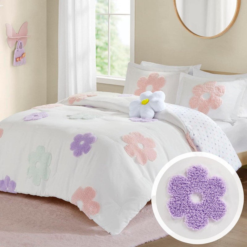 Urban Habitat Kids Twin Comforter Set for Girls, Tufted Chenille Floral Comforter Set Twin, Lightweight Polka Dot Comforter Reversible Bed Set, Sham, Pillow, Gracie, Twin White/Purple 3 Piece