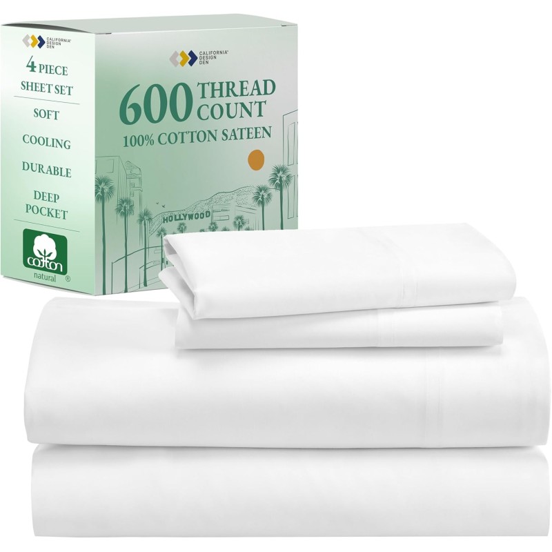 California Design Den King Sheets Cotton, Luxury 600 Thread Count 100% Sateen Bed Sheets Set, Extra Deep Pocket King Sheets, Hotel-Quality Sheets, Better Than Egyptian Cotton Sheets, White