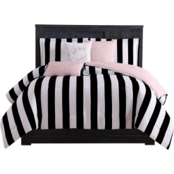 Juicy Couture Cabana Stripe Reversible Bedding Set - Queen Size - Black and White Stripe Print – 6 Piece Set – Includes 1 90" x 90" Comforter, 3 Decorative Pillows, 2 Shams