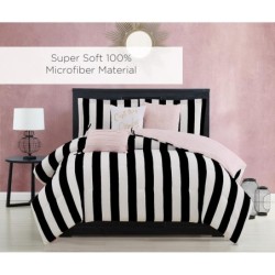 Juicy Couture Cabana Stripe Reversible Bedding Set - Queen Size - Black and White Stripe Print – 6 Piece Set – Includes 1 90" x 90" Comforter, 3 Decorative Pillows, 2 Shams