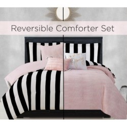 Juicy Couture Cabana Stripe Reversible Bedding Set - Queen Size - Black and White Stripe Print – 6 Piece Set – Includes 1 90" x 90" Comforter, 3 Decorative Pillows, 2 Shams