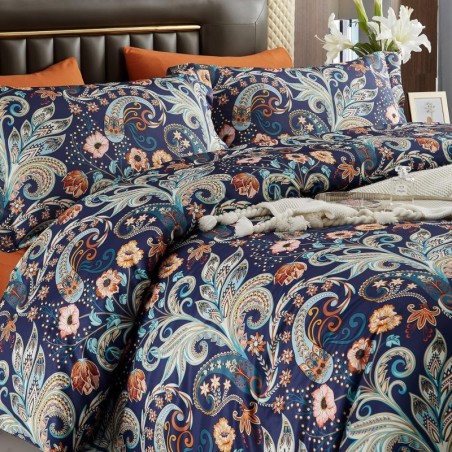 7 Piece Paisley Flower Comforter Bed in a Bag Set King Size Luxury Dark Blue Vintage Floral Boho Medallion Comforter Set Soft & Breathable Microfiber Bedding Set for Woman Adults