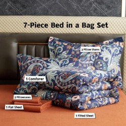 7 Piece Paisley Flower Comforter Bed in a Bag Set King Size Luxury Dark Blue Vintage Floral Boho Medallion Comforter Set Soft & Breathable Microfiber Bedding Set for Woman Adults