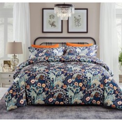 7 Piece Paisley Flower Comforter Bed in a Bag Set King Size Luxury Dark Blue Vintage Floral Boho Medallion Comforter Set Soft & Breathable Microfiber Bedding Set for Woman Adults