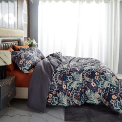 7 Piece Paisley Flower Comforter Bed in a Bag Set King Size Luxury Dark Blue Vintage Floral Boho Medallion Comforter Set Soft & Breathable Microfiber Bedding Set for Woman Adults