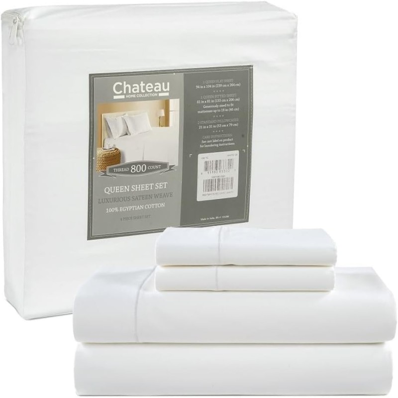 Egyptian Cotton Sheets King Size Sheet Set, King Bed Sheets for King Size Bed, Bedding Sheets & Pillowcases, King Sheets Chateau Home 800 Thread Count Sateen Weave Hotel Collection Sheets White