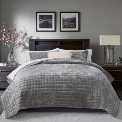 RECYCO Luxury Velvet Quilt Set King Size, Lightweight Velvet Comforter Set, Oversized Bedspread Coverlet Quilted Bedding Set, with 2 Matching Pillow Shams, for All Season, Gray