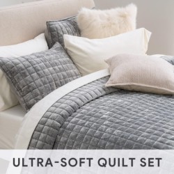 RECYCO Luxury Velvet Quilt Set King Size, Lightweight Velvet Comforter Set, Oversized Bedspread Coverlet Quilted Bedding Set, with 2 Matching Pillow Shams, for All Season, Gray