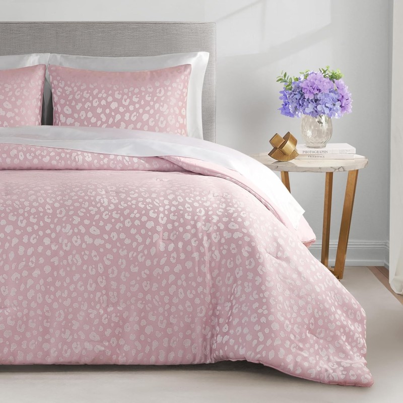 Juicy Couture Pink Sparkle Cheetah Jacquard Queen/Full Comforter Set - 3 Piece Luxury Bedding Ensemble