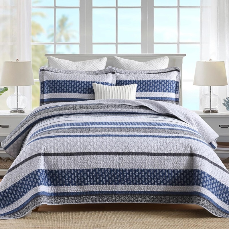 Homzard Bedding Set, King Size Quilt, 100% Cotton, Blue Floral Striped, All Season, 3 Piece Includes Quilt and 2 Shams, Farmhouse Style