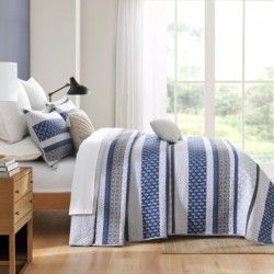 Homzard Bedding Set, King Size Quilt, 100% Cotton, Blue Floral Striped, All Season, 3 Piece Includes Quilt and 2 Shams, Farmhouse Style