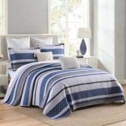 Homzard Bedding Set, King Size Quilt, 100% Cotton, Blue Floral Striped, All Season, 3 Piece Includes Quilt and 2 Shams, Farmhouse Style