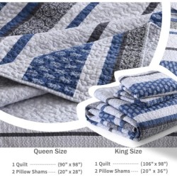 Homzard Bedding Set, King Size Quilt, 100% Cotton, Blue Floral Striped, All Season, 3 Piece Includes Quilt and 2 Shams, Farmhouse Style