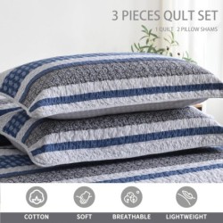 Homzard Bedding Set, King Size Quilt, 100% Cotton, Blue Floral Striped, All Season, 3 Piece Includes Quilt and 2 Shams, Farmhouse Style