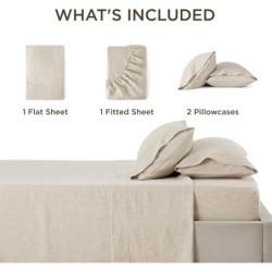 Bedsure Linen Sheets - King Linen Bed Sheet, 4 Pcs Linen Cotton King Size Sheets Set, Linen Cotton Blend Sheets for All Seasons, 1 Flat Sheet, 1 Fitted Sheet and 2 Pillowcases (Linen, King)