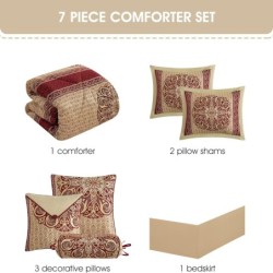 Grand Avenue Gold/Wine Cal King Comforter Set, 7 Piece, Burgundy Bedding Comforters & Sets, Pillow Shams Bedskirt, All Season