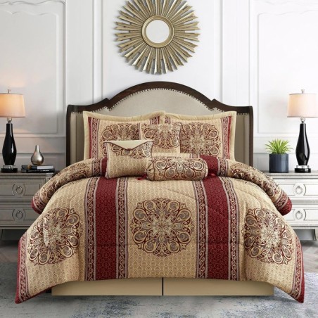 Grand Avenue Gold/Wine Cal King Comforter Set, 7 Piece, Burgundy Bedding Comforters & Sets, Pillow Shams Bedskirt, All Season