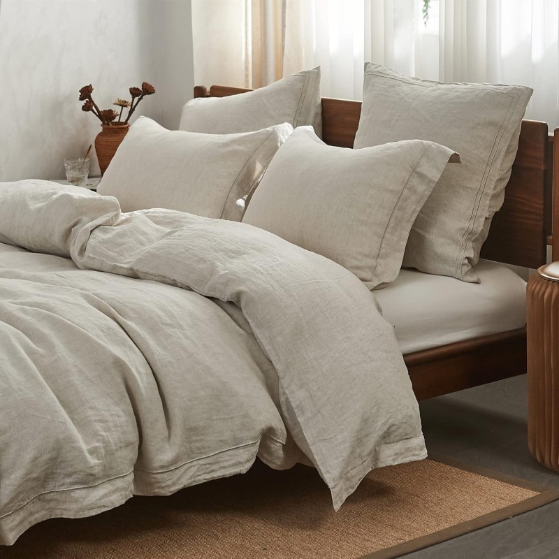 Simple&Opulence 100% Linen Duvet Cover Set with Embroidery Border Washed - 3 Pieces (1 Duvet Cover with 2 Pillow Shams) with Button Closure Soft Breathable Farmhouse - Linen, Queen Size