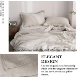 Simple&Opulence 100% Linen Duvet Cover Set with Embroidery Border Washed - 3 Pieces (1 Duvet Cover with 2 Pillow Shams) with Button Closure Soft Breathable Farmhouse - Linen, Queen Size