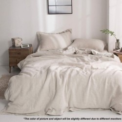 Simple&Opulence 100% Linen Duvet Cover Set with Embroidery Border Washed - 3 Pieces (1 Duvet Cover with 2 Pillow Shams) with Button Closure Soft Breathable Farmhouse - Linen, Queen Size