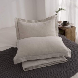 Simple&Opulence 100% Linen Duvet Cover Set with Embroidery Border Washed - 3 Pieces (1 Duvet Cover with 2 Pillow Shams) with Button Closure Soft Breathable Farmhouse - Linen, Queen Size