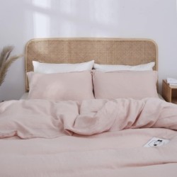 Simple&Opulence 100% Linen Duvet Cover Set 3pcs Basic Style Natural French Washed Flax Solid Color Soft Breathable Farmhouse Bedding with Button Closure - Blush Pink, King