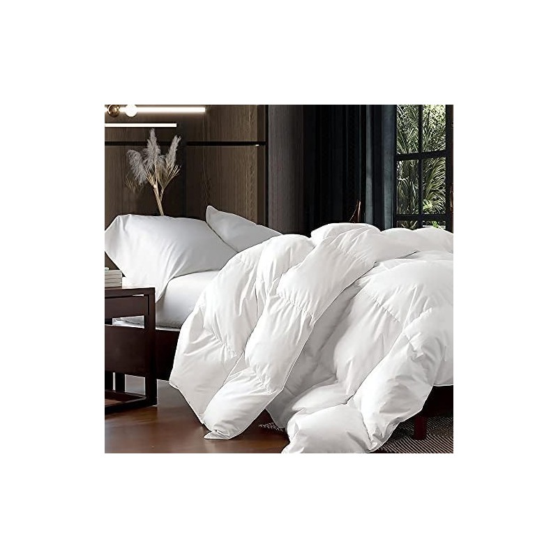 Luxurious King/California King Size Goose Down Fiber Waterfowl Feather Fiber Comforter Duvet, 100% Egyptian Cotton Cover, 58 oz. Fill Weight, Baffle Box Design, White Solid