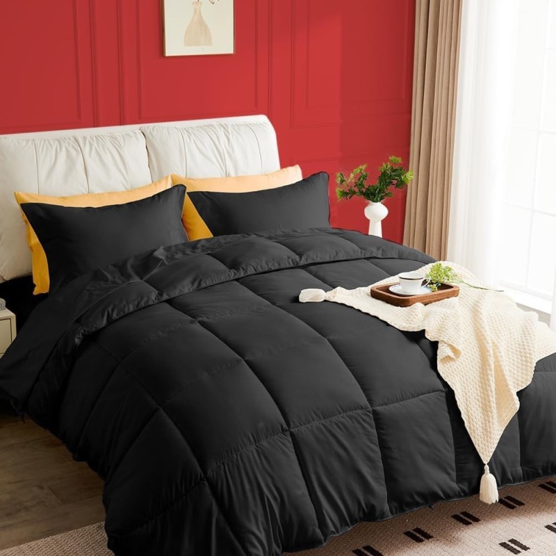 JOKOLO King Size Comforter Set - 3 Pieces, 1 Reversible Comforter and 2 Pillowcases,Soft Quilted Warm Fluffy Cooling Bedding for All Season,Black