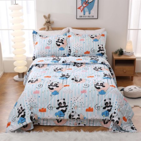 JSD Panda Kids Comforter Set Twin Size, 2 Piece Blue Moon Microfiber Comforter with Pillow Sham, Machine Washable