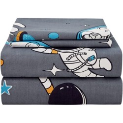 JSD Grey Astronaut Kids Sheet Set Twin Size, 3 Piece Boys Space Adventure Printed Microfiber Sheets Deep Pocket