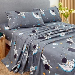 JSD Grey Astronaut Kids Sheet Set Twin Size, 3 Piece Boys Space Adventure Printed Microfiber Sheets Deep Pocket