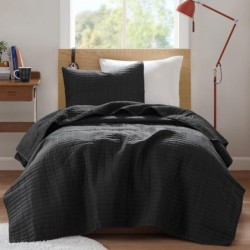 Comfort Spaces Kienna Quilt Set-Luxury Double Sided Stitching Design Summer Blanket, Lightweight, Soft, All Season Bedding Layer, Matching Sham, Black, Coverlet Twin/Twin XL(66"x90") 2 Piece