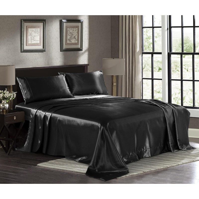 Satin Sheets Queen [4-Piece, Black] Hotel Luxury Silky Bed Sheets - Extra Soft 1800 Microfiber Sheet Set, Wrinkle, Fade, Stain Resistant - Deep Pocket Fitted Sheet, Flat Sheet, Pillow Cases