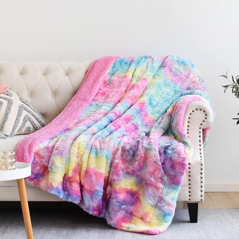 NEWCOSPLAY Super Soft Faux Fur Throw Blanket for Couch Dark Rainbow Sherpa Fuzzy Plush Warm Blanket for Sofa Bed (Dark Rainbow, Throw(50"x60"))