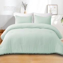 Exclusivo Mezcla Boho Pom Pom Ball Fringe Twin Comforter Set, 2 Piece Aqua Blue Lightweight Down Alternative Bedding Comforter Sets for All Seasons (1 Comforter and 1 Pillowcase)