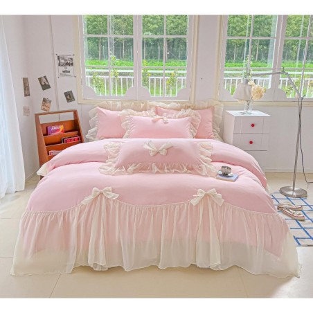 Chic Lace Bedding,Girls Twin Aesthetic Comforter Cover Set,Romantic French Princess Style Ruffled Duvet Cover with Lovely Bow with Zipper Closure-Pink,Twin Size