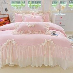 Chic Lace Bedding,Girls Twin Aesthetic Comforter Cover Set,Romantic French Princess Style Ruffled Duvet Cover with Lovely Bow with Zipper Closure-Pink,Twin Size