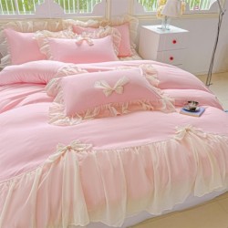 Chic Lace Bedding,Girls Twin Aesthetic Comforter Cover Set,Romantic French Princess Style Ruffled Duvet Cover with Lovely Bow with Zipper Closure-Pink,Twin Size