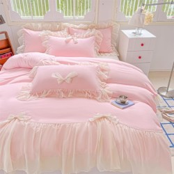 Chic Lace Bedding,Girls Twin Aesthetic Comforter Cover Set,Romantic French Princess Style Ruffled Duvet Cover with Lovely Bow with Zipper Closure-Pink,Twin Size