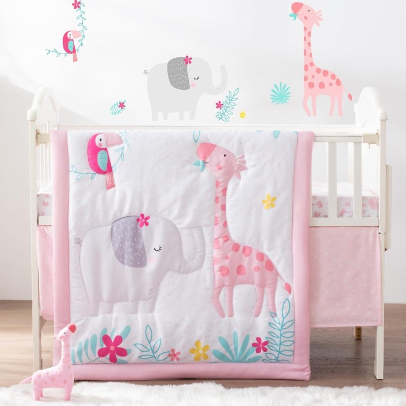 Bertte 4 Piece Crib Bedding Set for Boys Girls, Nursery Bedding Standard Size Soft Baby Bedding Crib Set Including Cartoon Quilt, Crib Skirt, Fitted Crib Sheet and Plush Toy (Pink Giraffe)