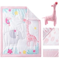 Bertte 4 Piece Crib Bedding Set for Boys Girls, Nursery Bedding Standard Size Soft Baby Bedding Crib Set Including Cartoon Quilt, Crib Skirt, Fitted Crib Sheet and Plush Toy (Pink Giraffe)